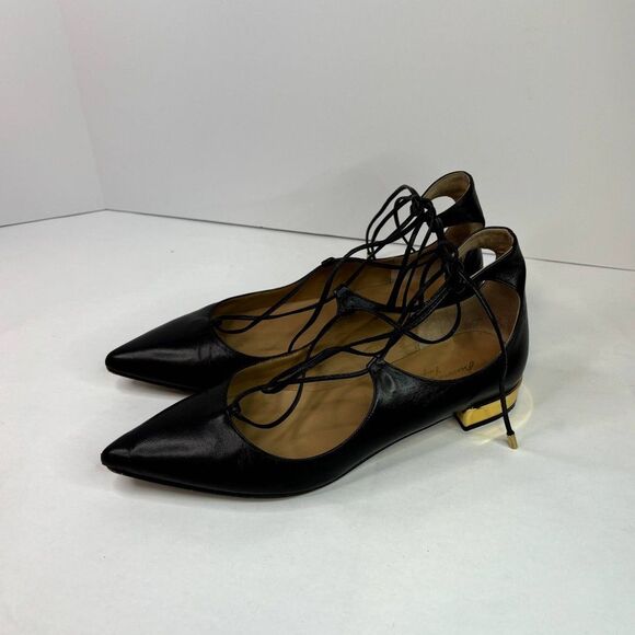 Massimo Matteo Signature Black Leather Lace Heeled Ballet Flats Pointed Toe - Picture 1 of 10